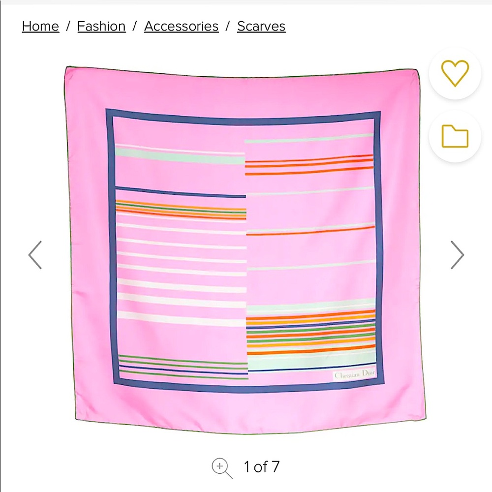 Christian Dior Blue scarf with pink, brown and white stripes.  30”x30”, vintage!